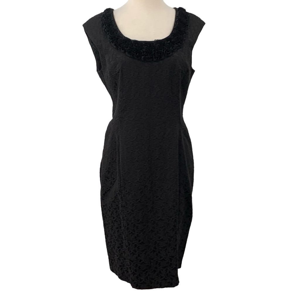 London Times Sleeveless Textured Cocktail Dress Roses Floral Applique Sz 12 READ